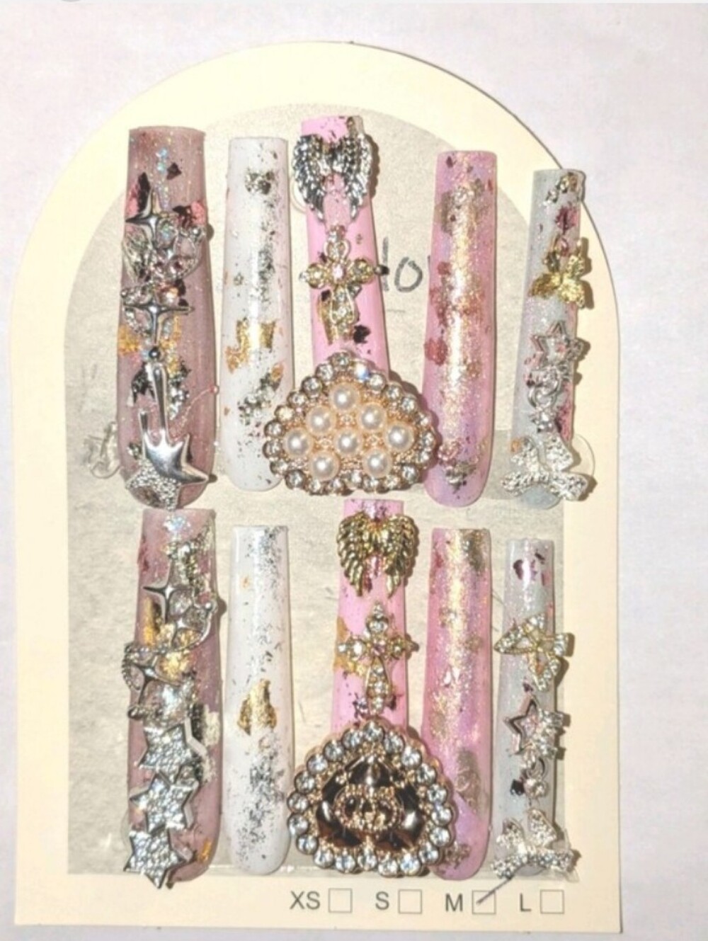 Hand CRAFTED 3XL Luxury Pink and White PRESS ON Nail Set Women Sz Medium